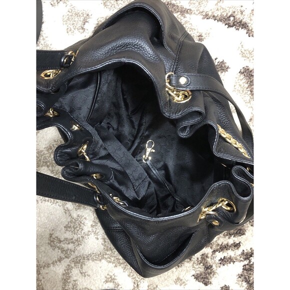 Michael Kors Handbag Shoulder Bag Tote Hobo Black Leather Gold Chain Straps - Picture 4 of 16